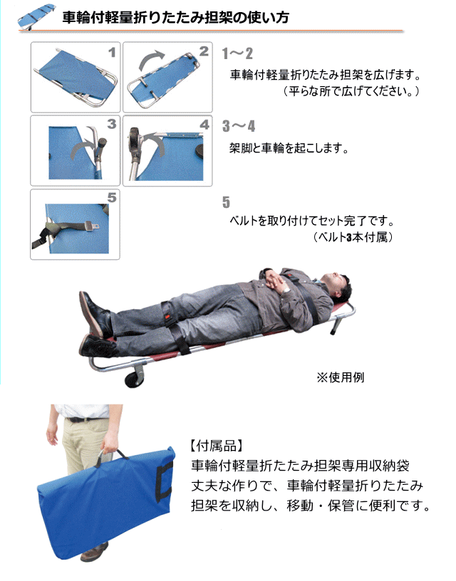 車輪付軽量折りたたみ担架の使い方