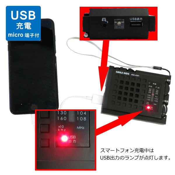 スマートフォンが使えるラジオライトの特長：スマホの充電可能