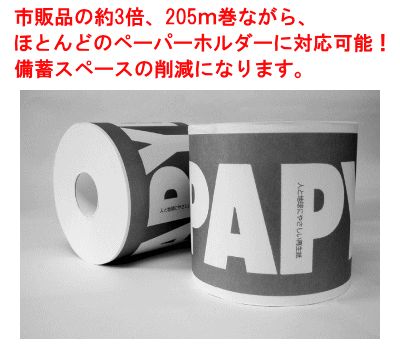 市販品の約3倍、205ｍ巻ながら、ほとんどのペーパーホルダーに対応可能！備蓄スペースの削減になります。