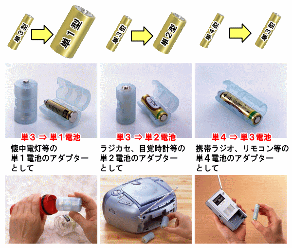 単３電池が単１電池、単２電池に！単４電池が単３電池に！あると便利電池アダプター