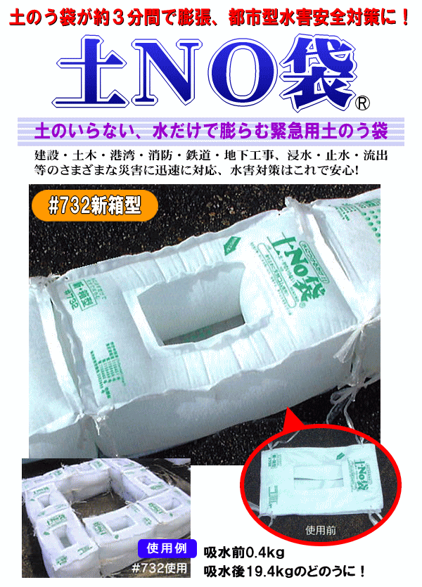 土のいらない、水だけで膨らむ緊急用土のう袋！土Ｎｏ新箱型