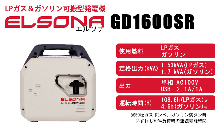 LPガス＆ガソリン可搬型発電機エルソナGD1600SR
