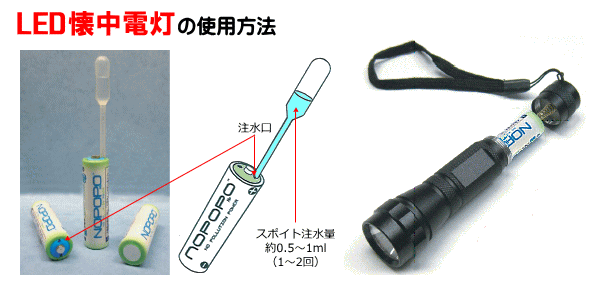 世界初！水を入れるだけで使える電池！水電池　NEW NOPOPO付LED懐中電灯の使用方法