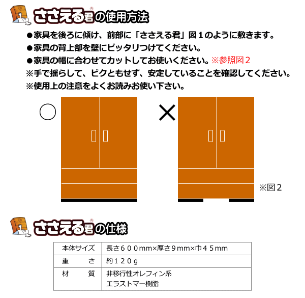 家具転倒防止安定板　ささえる君の使用方法・仕様