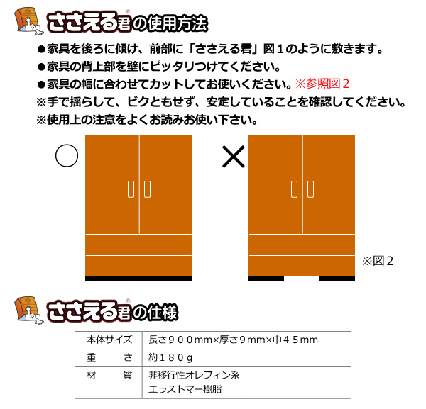 家具転倒防止安定板　ささえる君の使用方法・仕様