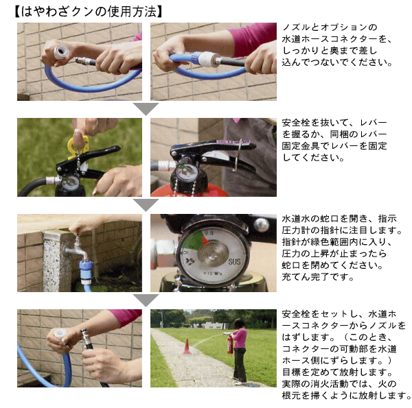 訓練用消火器はやわざクンの使用方法